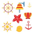 Collection with graphic sea elements. Simple flat cartoon style. Yellow, red and classic blue. Anchors, ship wheel, bell, shells,